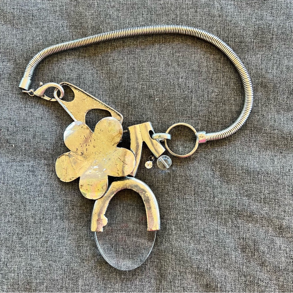 Industrial Silver Tone Avant Garde Necklace With Flower And Large Glass Disc